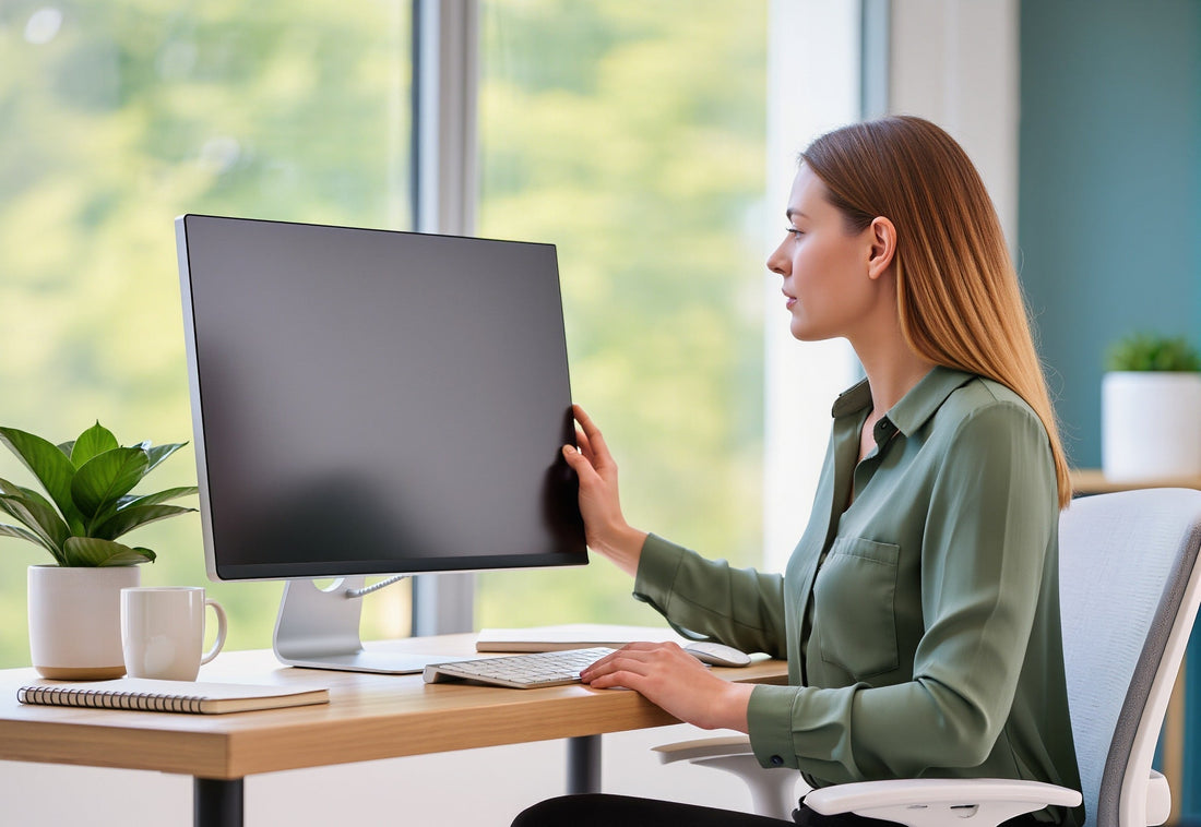 Person adjusting a monitor at a desk with a keyboard and mouse