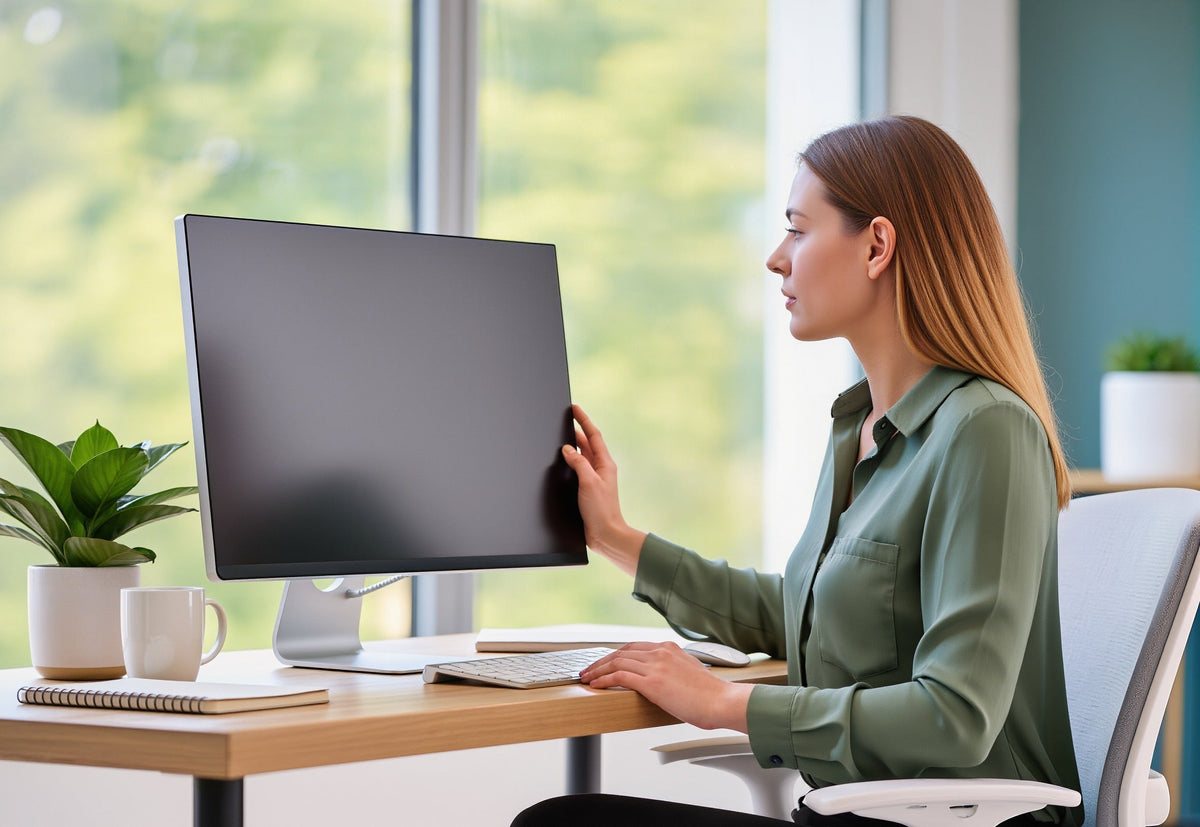 Person adjusting a monitor at a desk with a keyboard and mouse