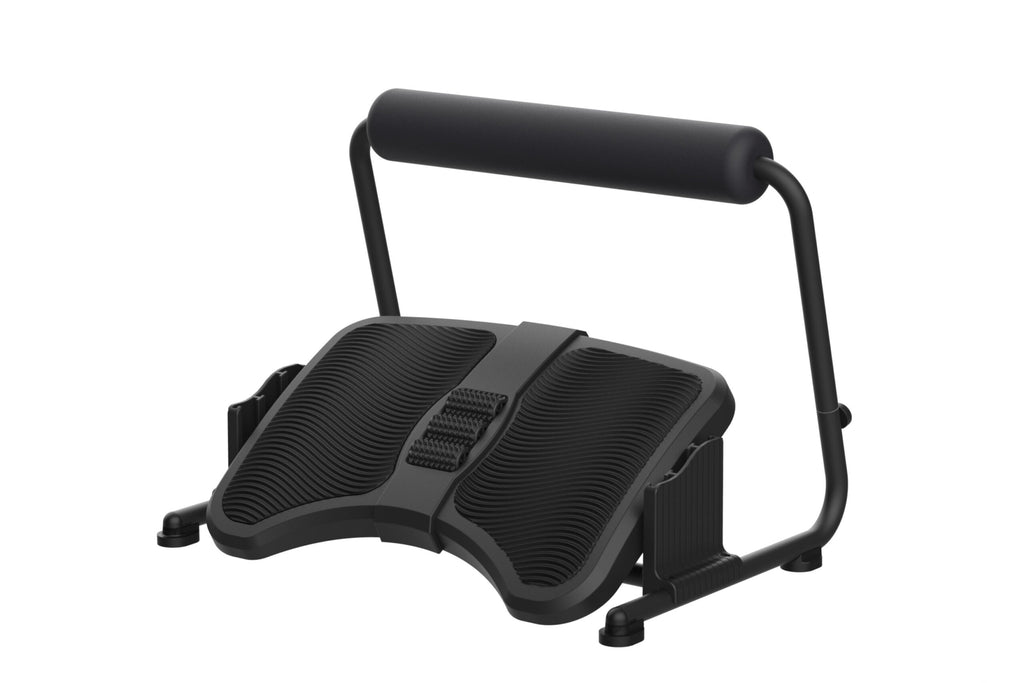 Ergoapt Stretch Footrest shown at an angle, with a ridged footplate, central textured roller and raised padded bar.