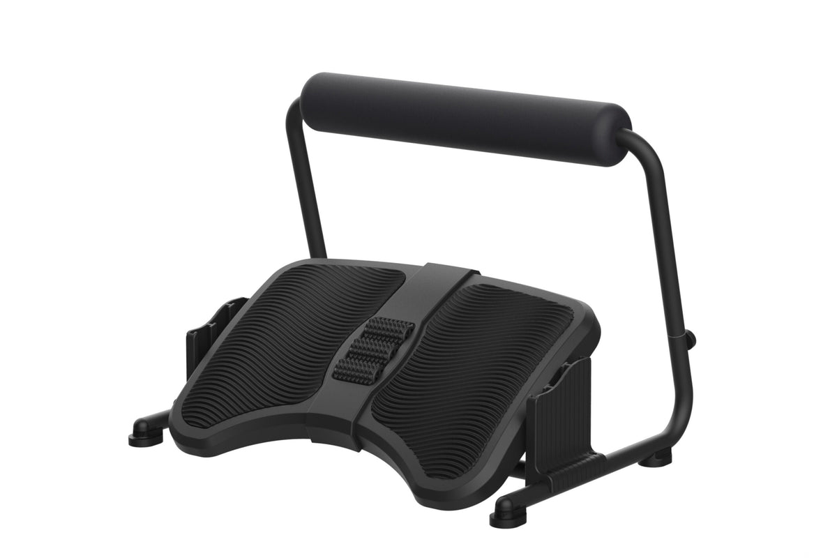 Ergoapt Stretch Footrest shown at an angle, with a ridged footplate, central textured roller and raised padded bar.