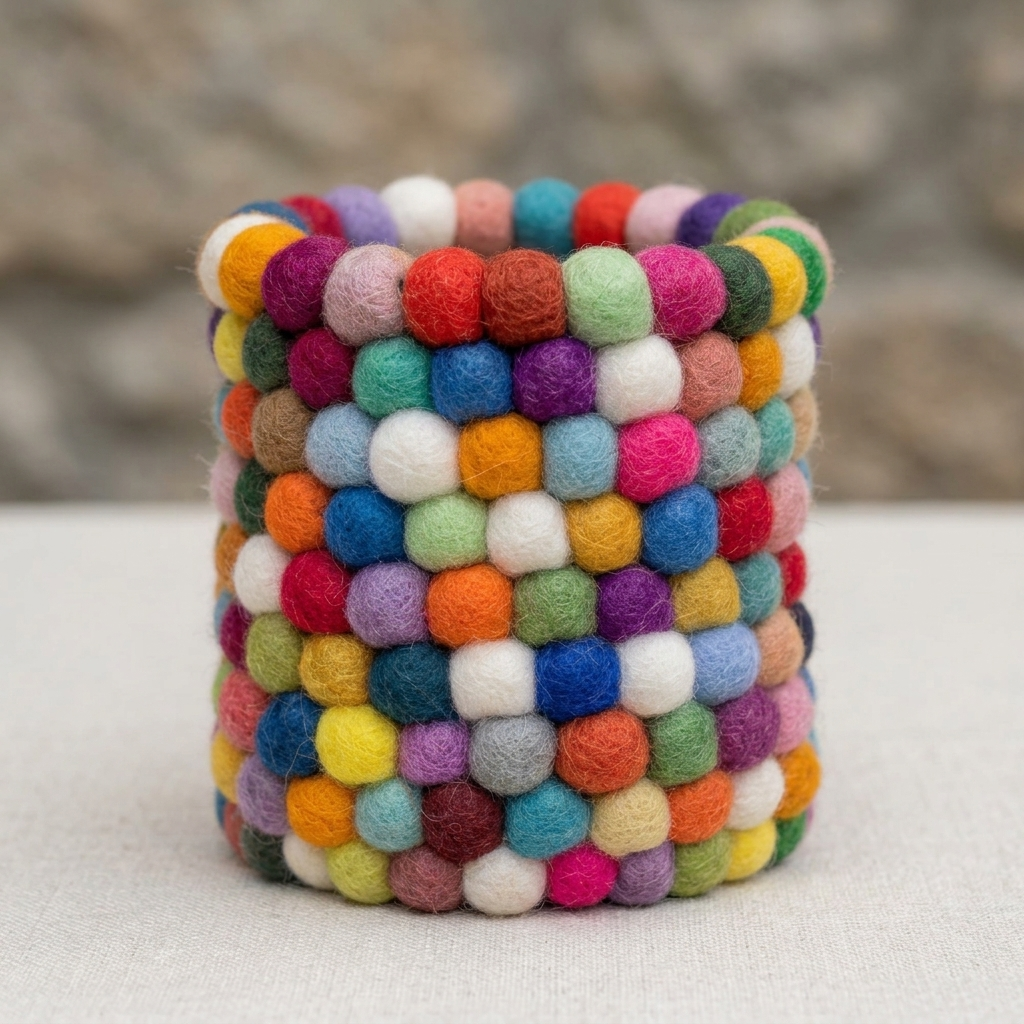 Empty cylindrical pen holder covered in brightly coloured textured balls.