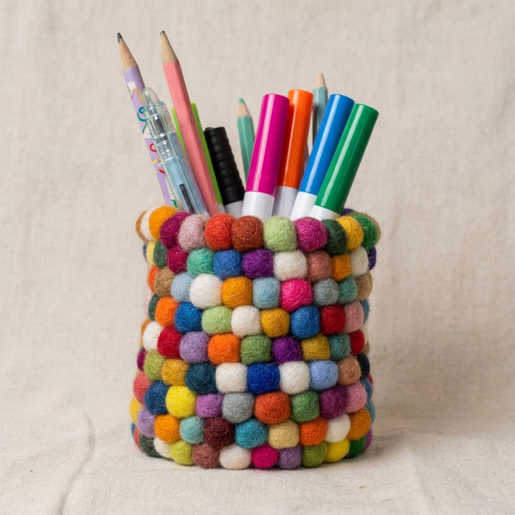 Pens, pencils and colourful markers in a multicoloured ball-textured holder.