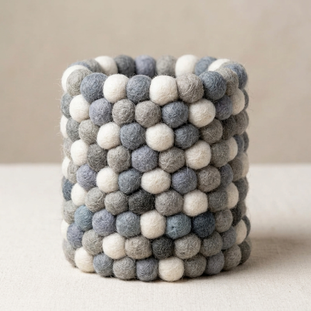 Empty cylindrical pen holder covered in light grey, blue-grey and white textured balls.