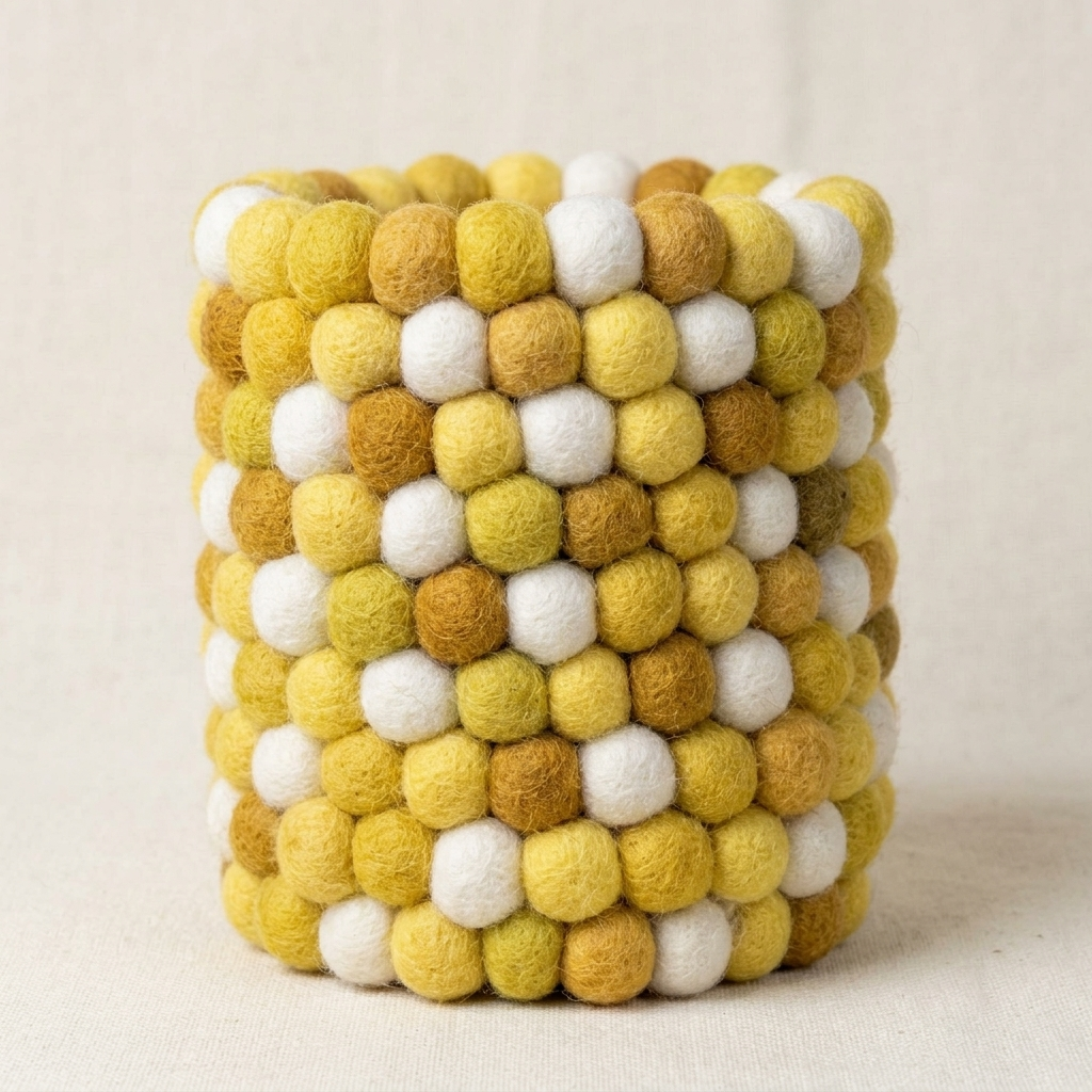 Empty cylindrical pen holder covered in yellow, mustard and white textured balls.