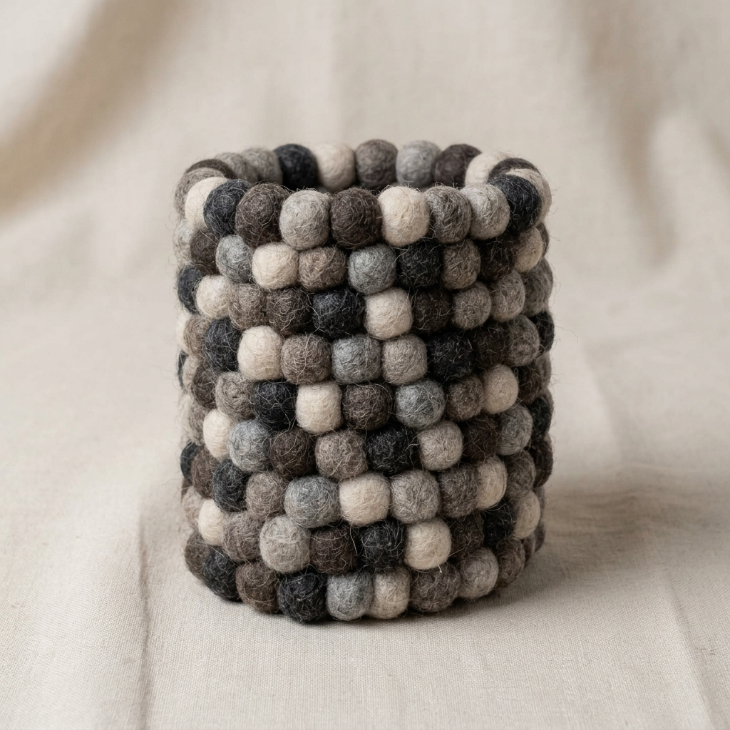 Empty cylindrical pen holder covered in charcoal, grey and cream textured balls.