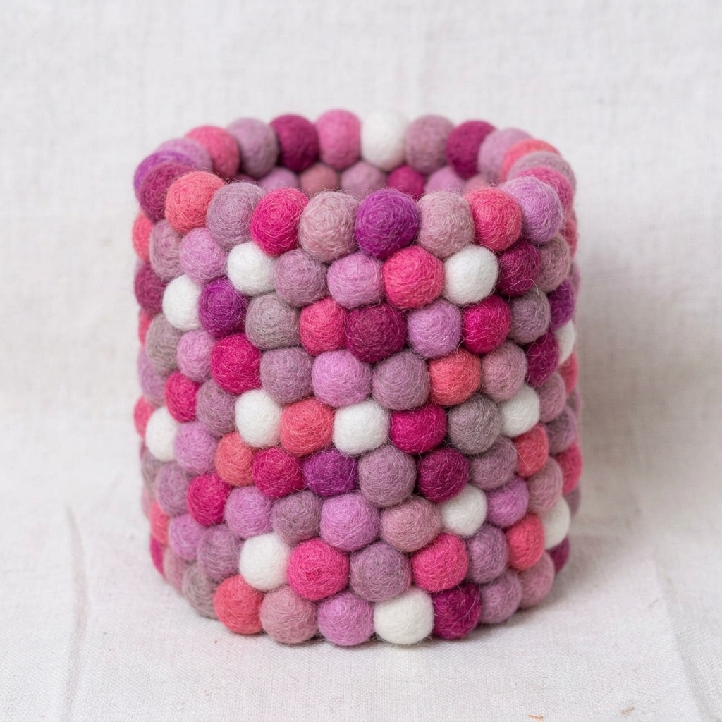 Empty cylindrical pen holder covered in pink, mauve and white textured balls.