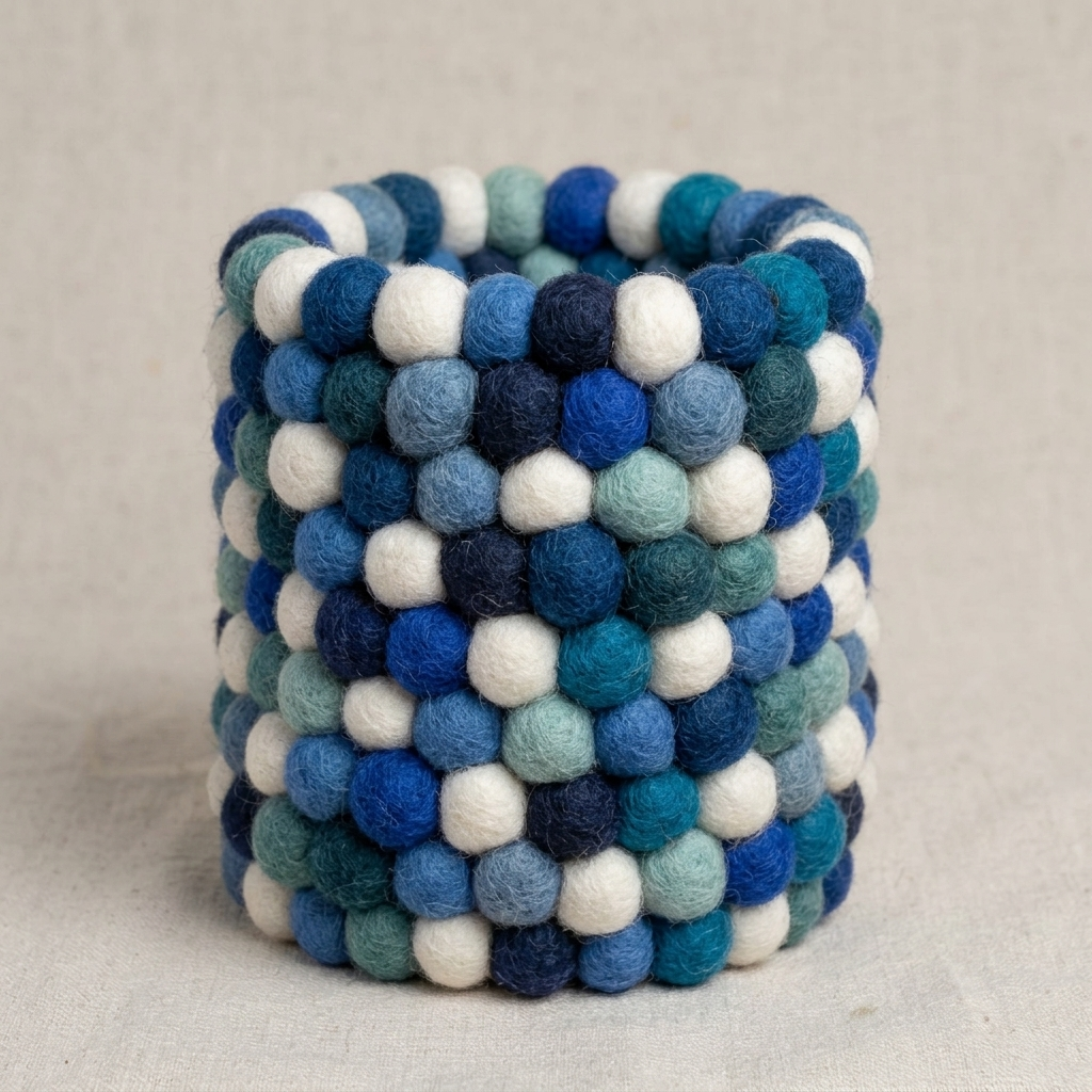 Empty cylindrical pen holder covered in blue, teal and white textured balls.