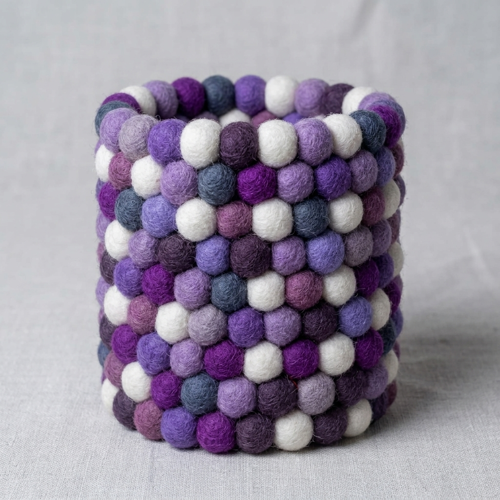 Empty cylindrical pen holder covered in purple, lilac, blue-grey and white textured balls.