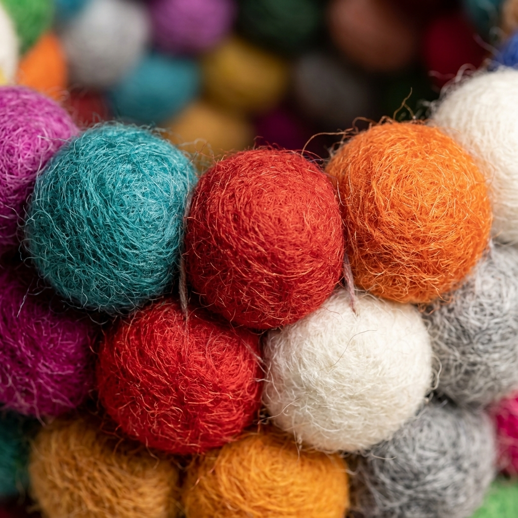 Close-up of turquoise, red, orange and white balls on the pen holder, showing their fuzzy texture.