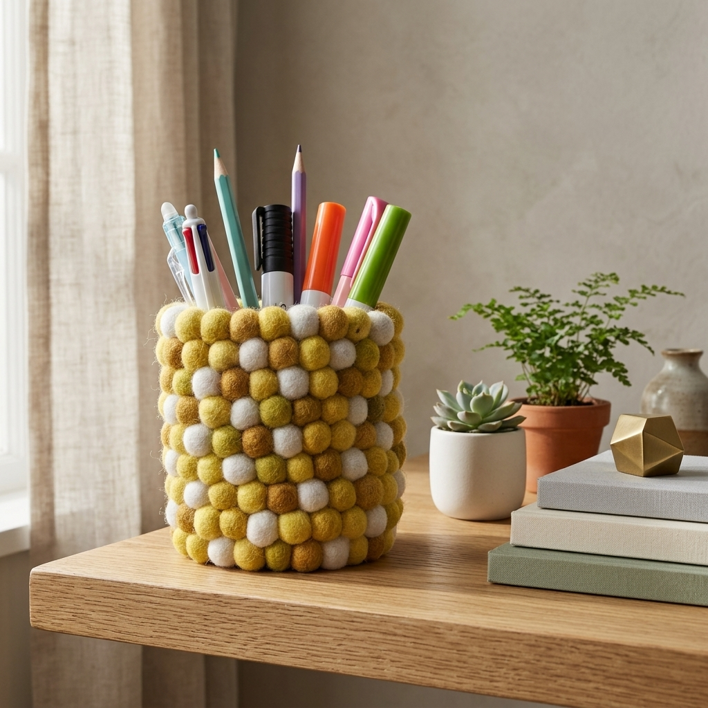 Yellow and white ball-textured holder filled with stationery on a wooden desk beside plants and stacked books.