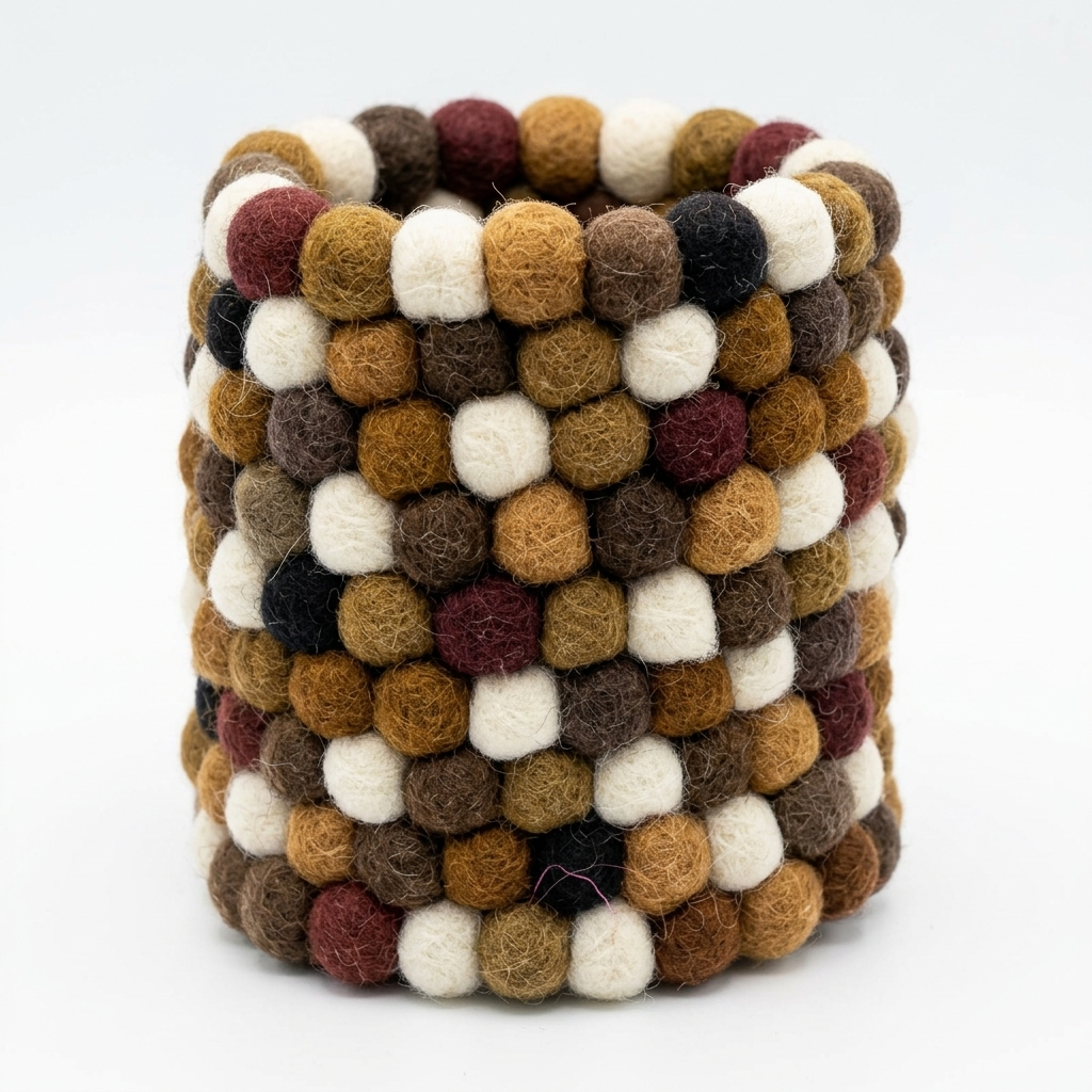 Empty cylindrical pen holder covered in brown, tan and cream balls with dark red and black accents.