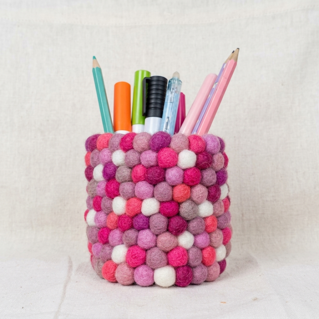 Pens, pencils and markers in a pink, mauve and white ball-textured holder.