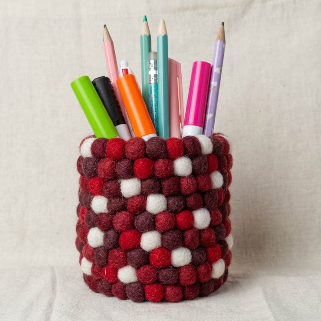 Pens, pencils and markers in a red, burgundy and white ball-textured holder.