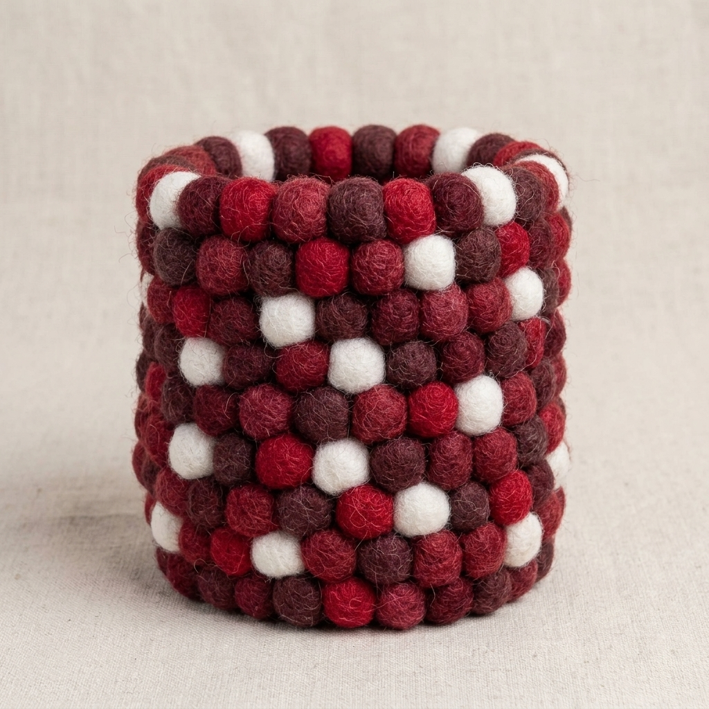 Empty cylindrical pen holder covered in red, burgundy and white textured balls.