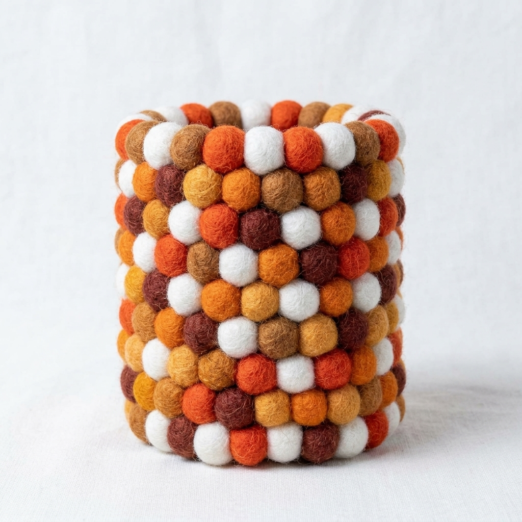 Empty cylindrical pen holder covered in orange, yellow, brown and white textured balls.