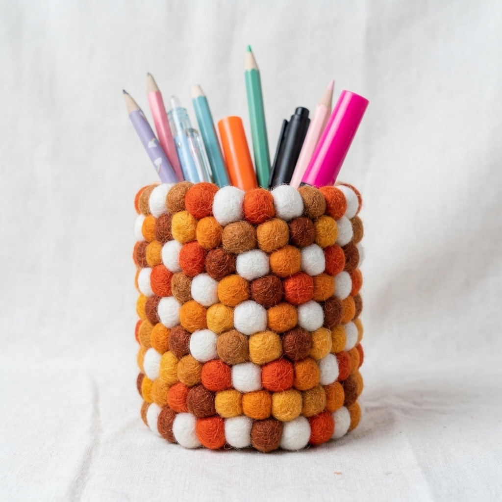 Pens, pencils and markers in an orange, yellow, brown and white ball-textured holder.